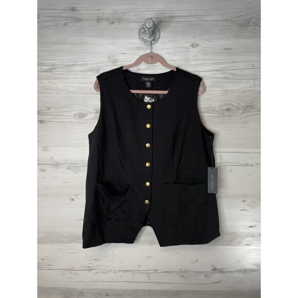 Rachel Zoe Vest Womens 1X Black Gold Button Longline Sleeveless Pockets Plus - Picture 1 of 7